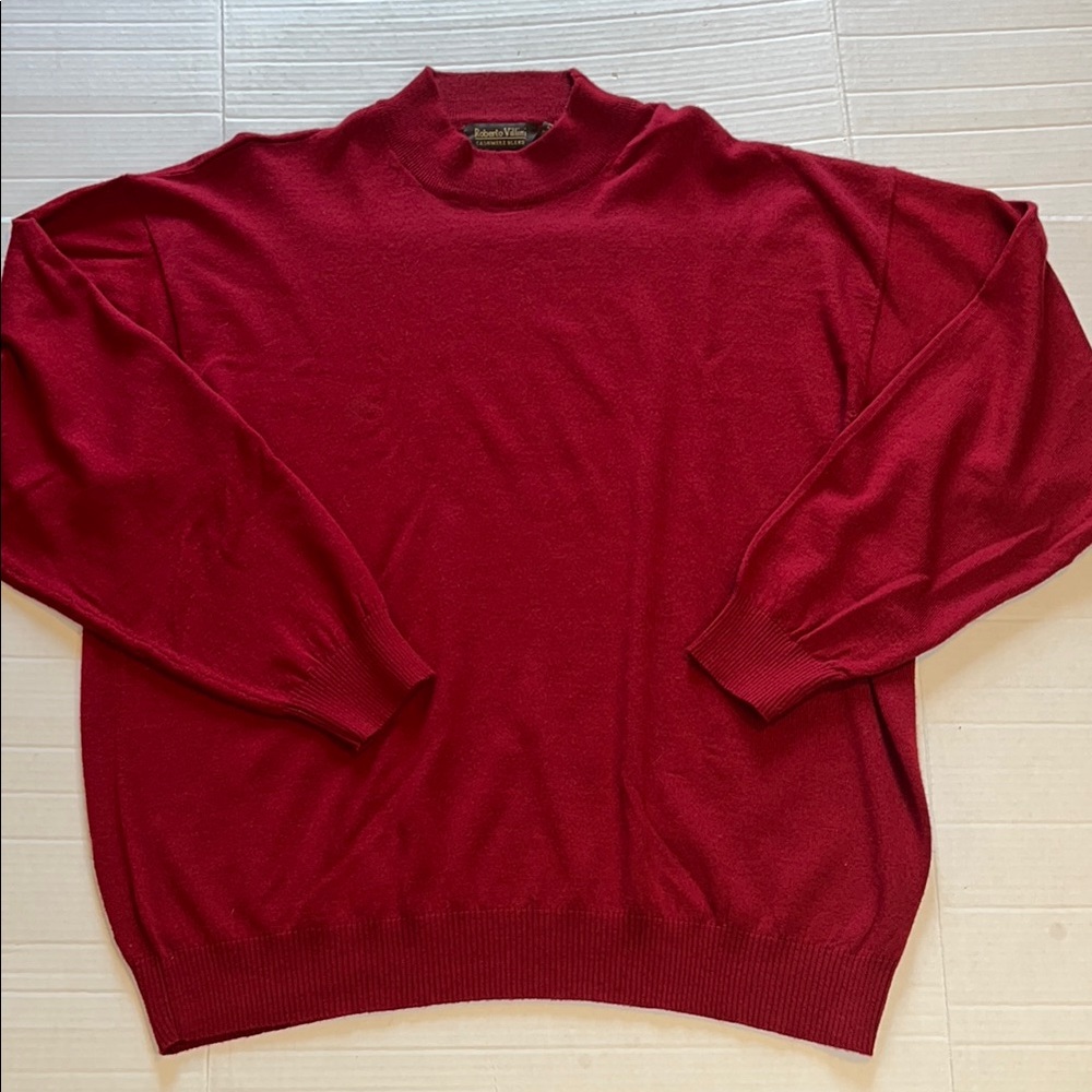 ￼Roberto Villini-XL-Burgundy-cashmere blend, mock neck, ribbed detail, sweater.